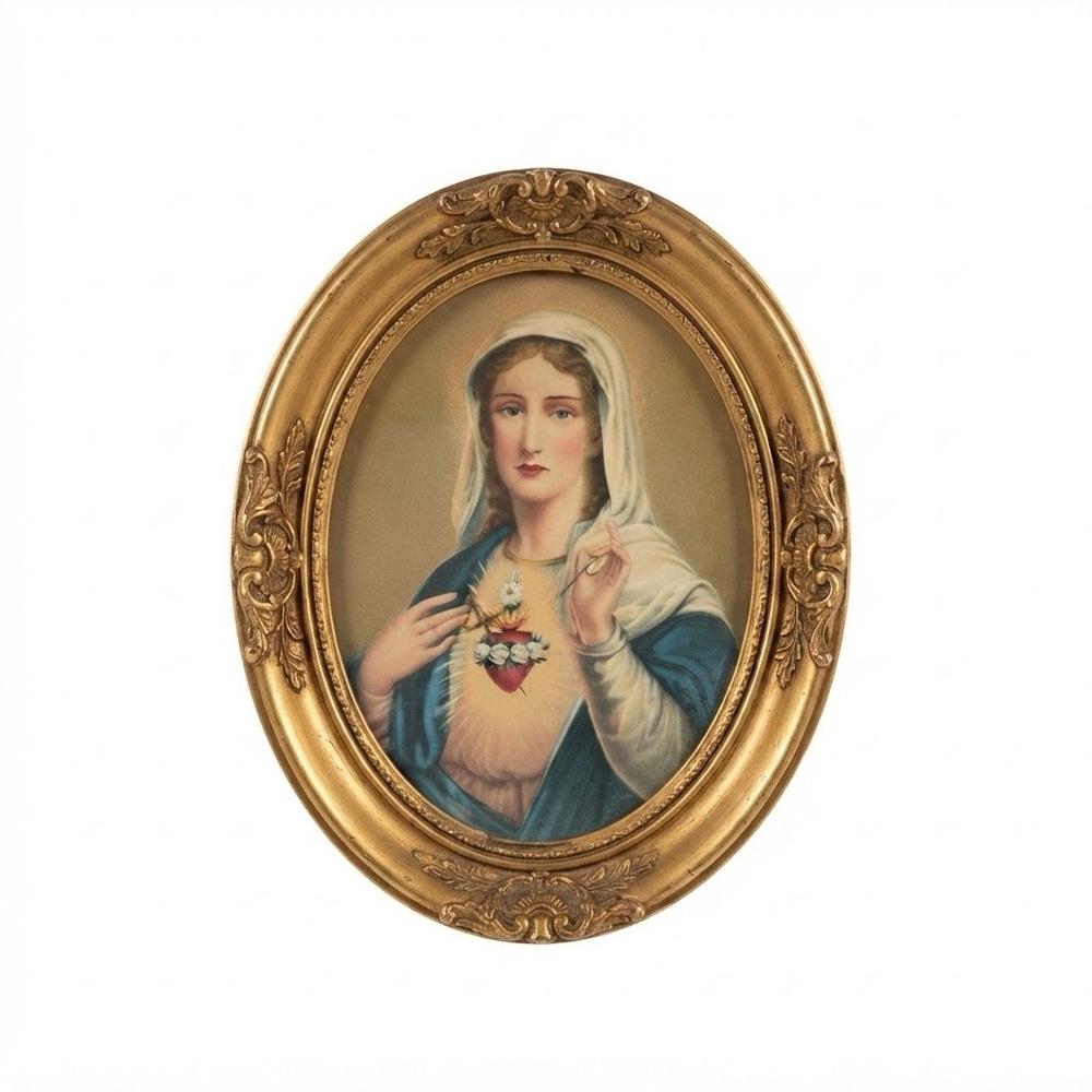 Vintage Mid Century Oval Framed Sacred Heart of Mary Print Immaculate Heart MCM